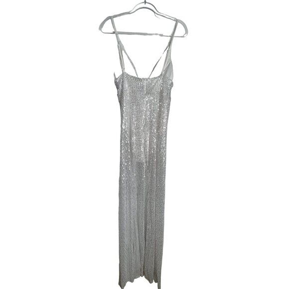 Sequin Maxi Dress Silver White Spaghetti Straps Formal Gown Sexy Bodycon Large - Picture 3 of 9